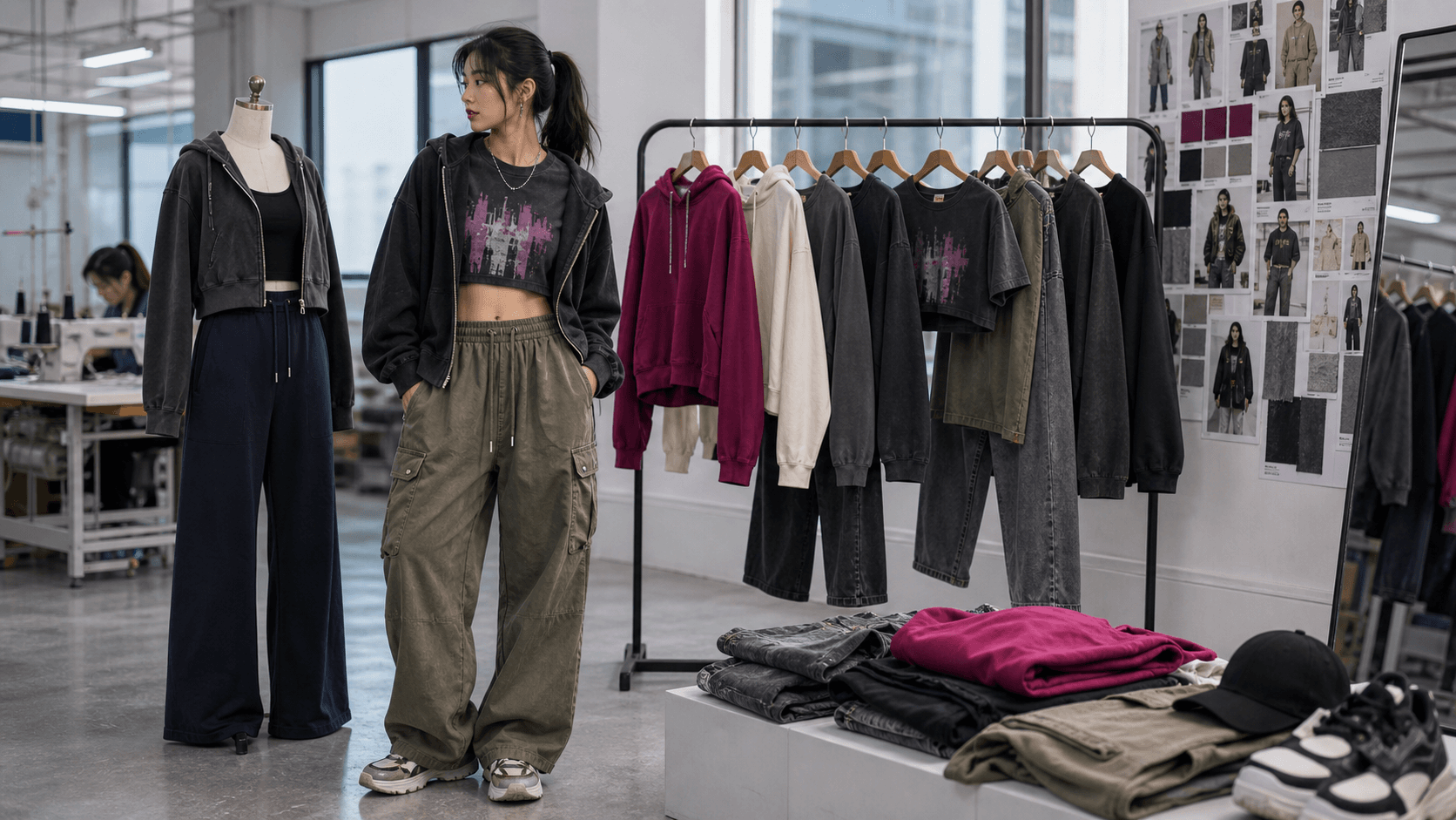 Women's streetwear collection with oversized hoodies, cargo pants, denim, and graphic tees