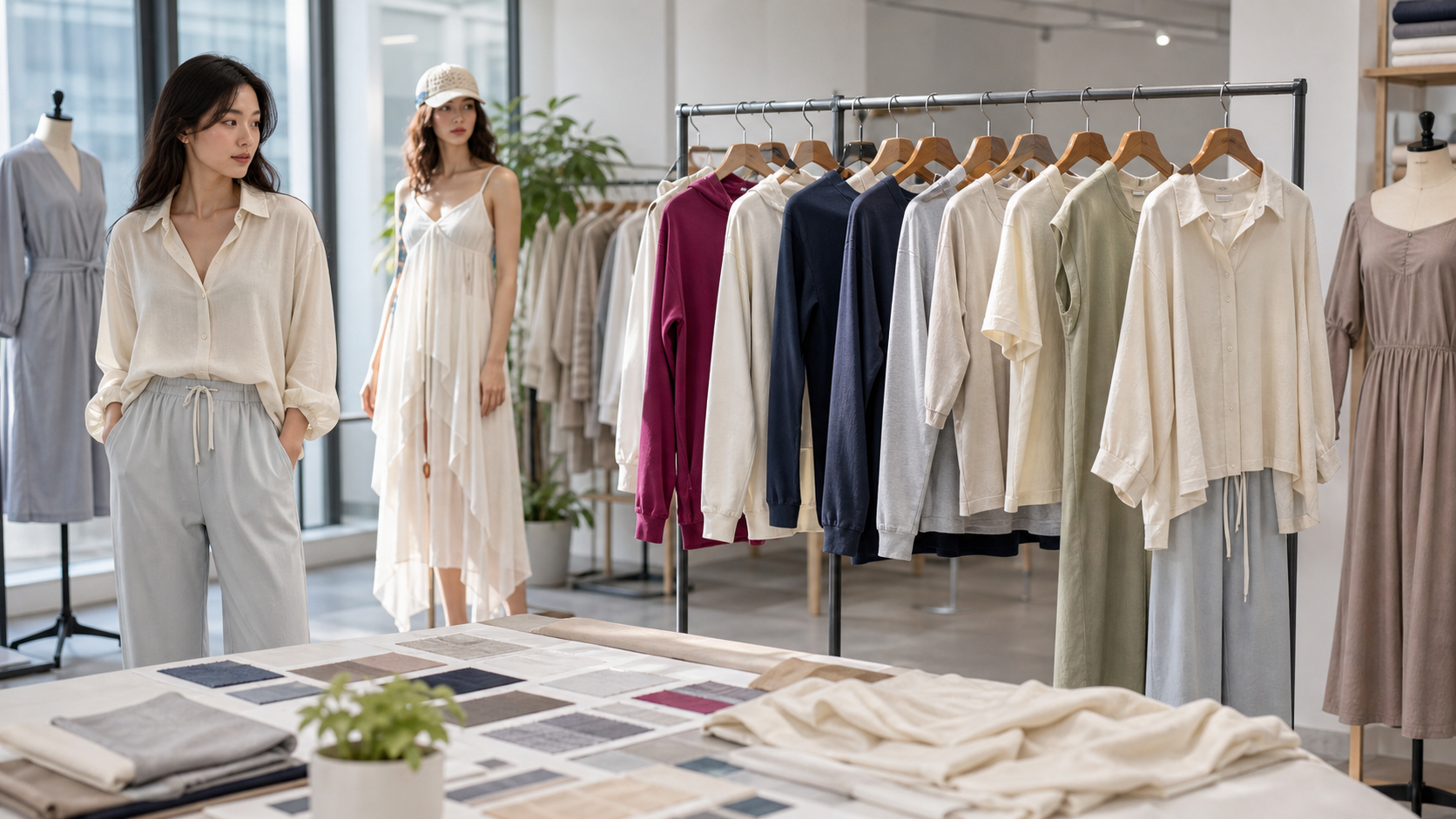 Women's casual fashion collection in a manufacturer sample showroom