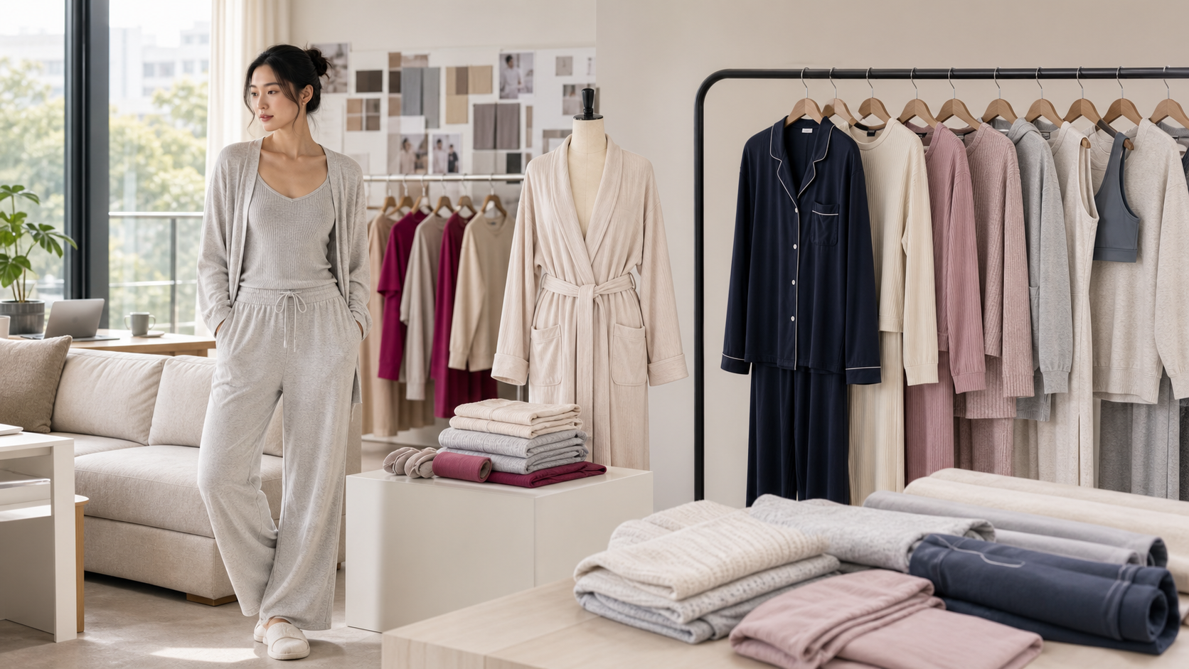 Women's loungewear collection with pajamas, robes, lounge sets, and soft fabrics