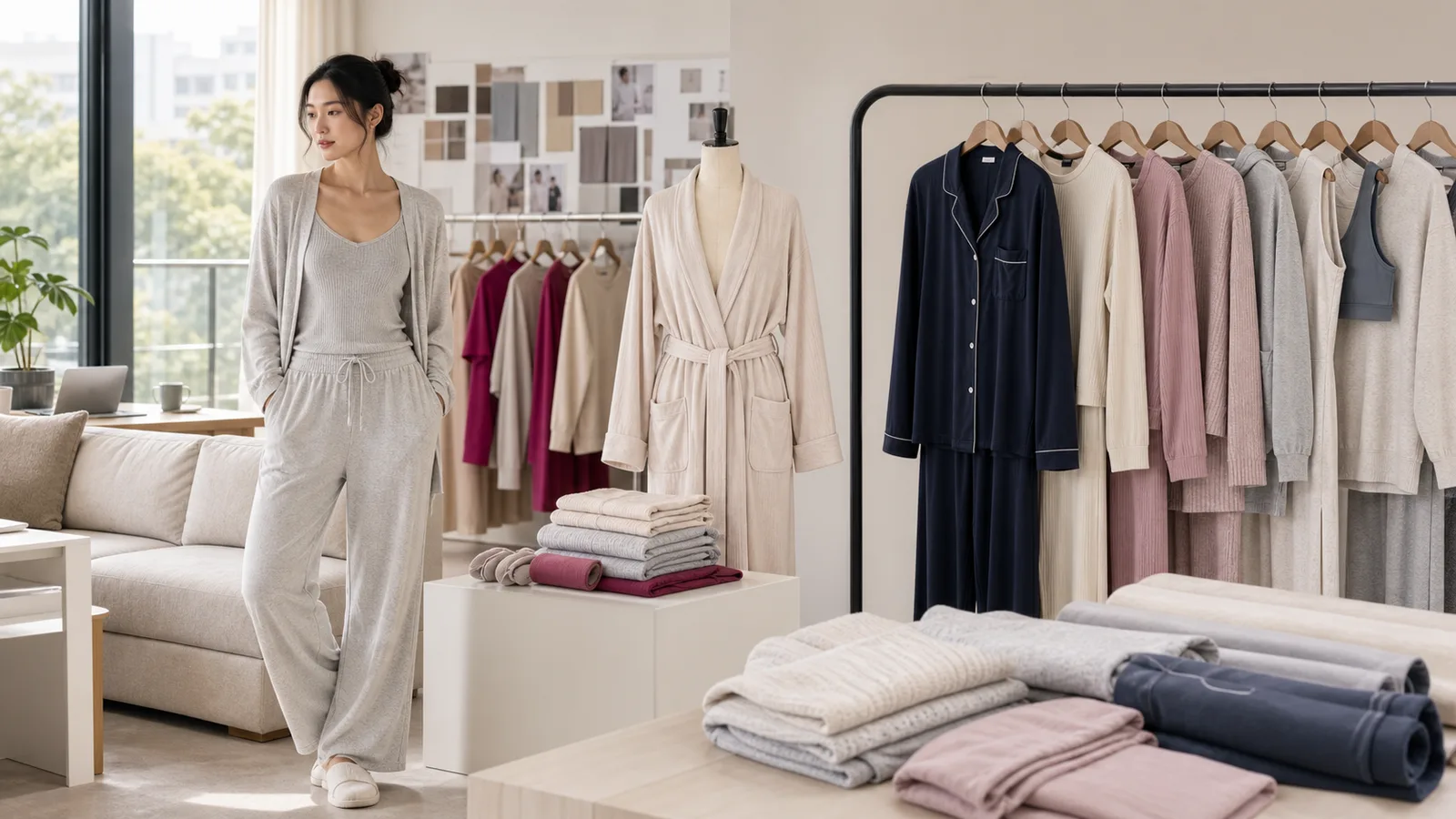 Women's loungewear collection with pajamas, robes, lounge sets, and soft fabrics